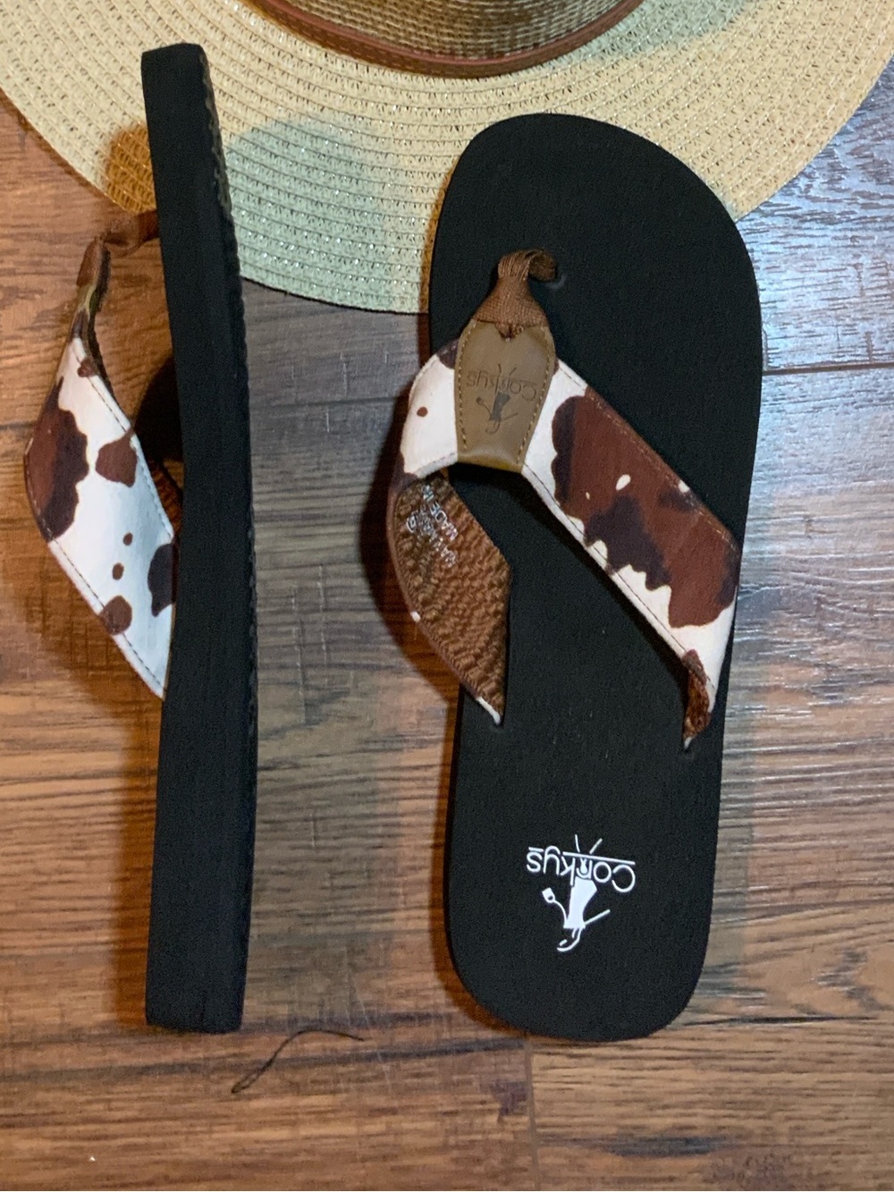 Corkys Cowprint Brown and White Thong Sandals